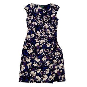 Lauren Ralph Lauren Dress Size 14 Blue Floral V Neck Sleeveless Cocktail Evening